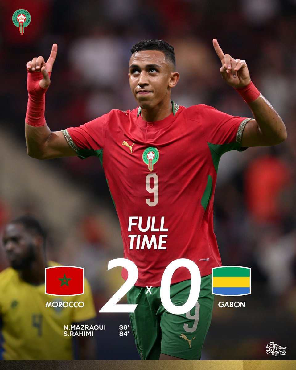 EnMaroc's tweet photo. نهاية المباراة بفوز منتخبنا الوطني أمام الغابون بهدفين دون رد

🏁Full-time! 🇲🇦2-0🇬🇦
Our National Team begins the AFCON 2027 Qualifiers with all 3 points 🦁

#DimaMaghrib https://t.co/M8KlJ3XBMT
