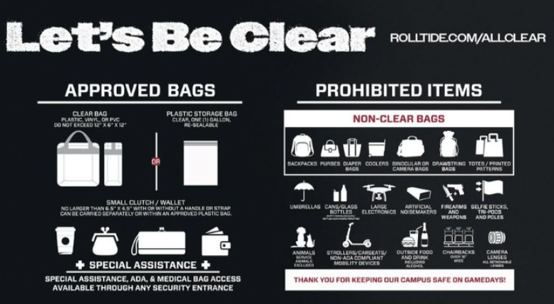 uagameday's tweet photo. Make sure you double check what is allowed inside Saban Field at Bryant-Denny Stadium before you arrive tomorrow! 

🎒 Clear Bag Policy 👉 https://t.co/CVsia8cOzy
🚫 Prohibited Items List 👉 https://t.co/TBEYis9BjX
#RollTide #BamaGameday https://t.co/9Du2iXSELu