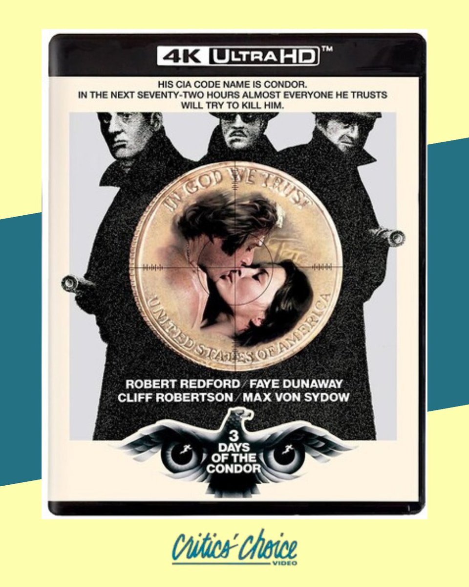 CCVideodotcom's tweet photo. "Three Days of the Condor," starring Robert Redford and Faye Dunaway, opened today in 1975. The gripping conspiracy thriller is true '70s classic cinema. https://t.co/Z37lCqgtPC
#ThreeDaysoftheCondor #Thriller #1970s #Movies #CCVideo https://t.co/Zk00QRmmL7