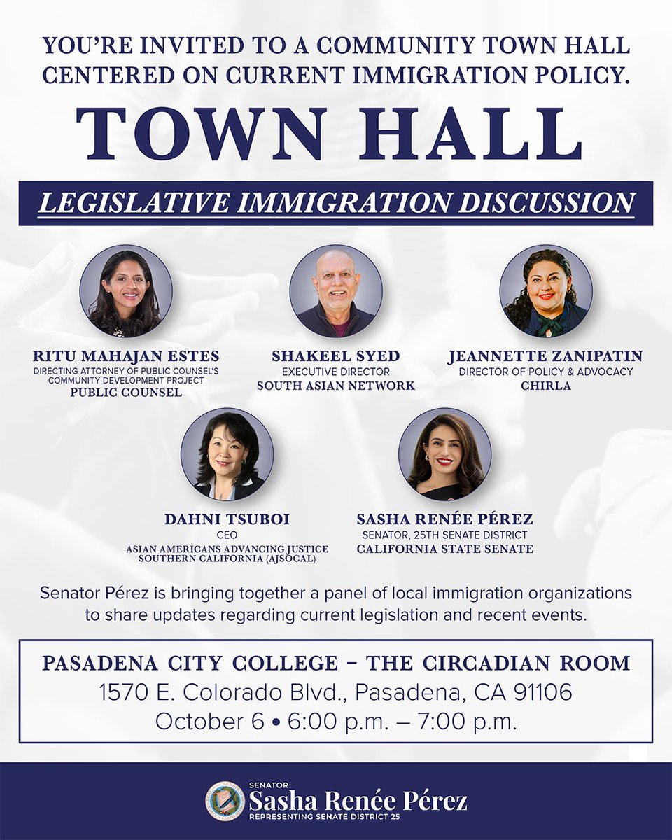SGVEP's tweet photo. Oct 6, 6pm at Pasadena City College: Community Town Hall on current immigration policy. @senatorsrp is bringing together a panel of local immigration organizations to share updates regarding current legislation and recent events. @PCCLancer

https://t.co/jSE5j94C4F https://t.co/5JqnTj2yuW
