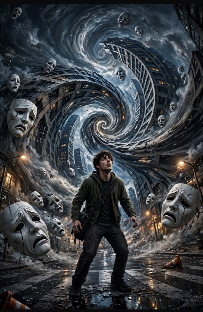 DamsilClever's tweet photo. The scariest villains don't fight your body, they fight your mind.

We all live in our own illusion vortex. The buildings bend, the masks float, but the real trap is inside your head.

What illusion is trapping you right now?

#cinematic #illusion #psychologicalthriller #digitalart #storytelling #fear #mindset