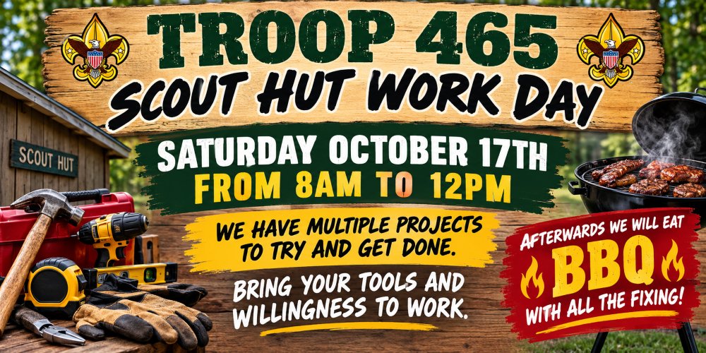 Troop465's tweet photo. Calling all Troop 465 volunteers!
We need your help on October 17 from 8:00 AM to 12:00 PM for our annual fall cleanup day around the scout hut.
Details: https://t.co/vqsLa5vZ77
Signup: https://t.co/A1uxa3wuuB https://t.co/bhWO2eTznT