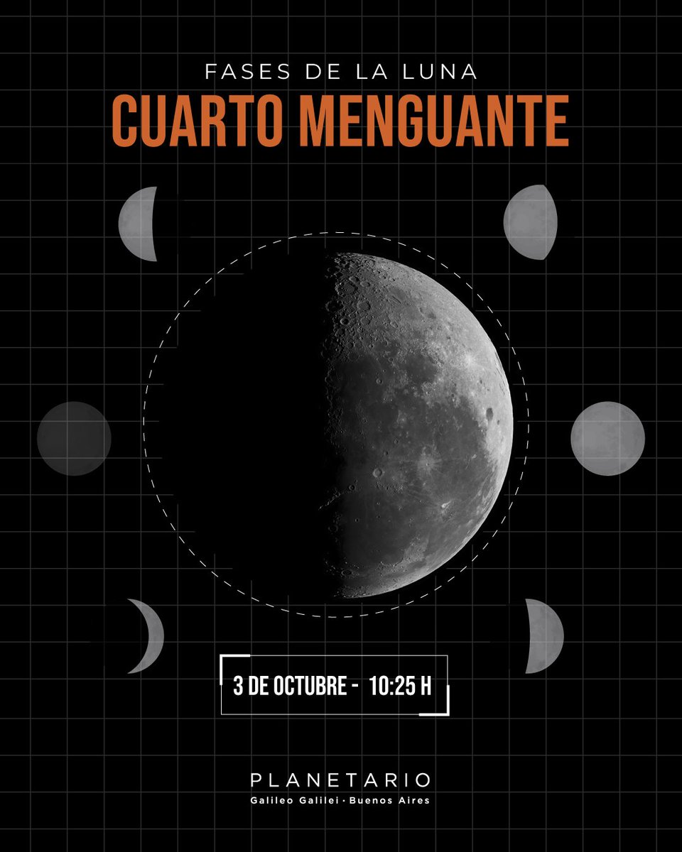 planetarioBA's tweet photo. 🌗 Cuarto menguante (10:25 h)
#PlanetarioBA #Astronomía #Luna #CuartoMenguante #SistemaSolar https://t.co/O2RiUmBpNa