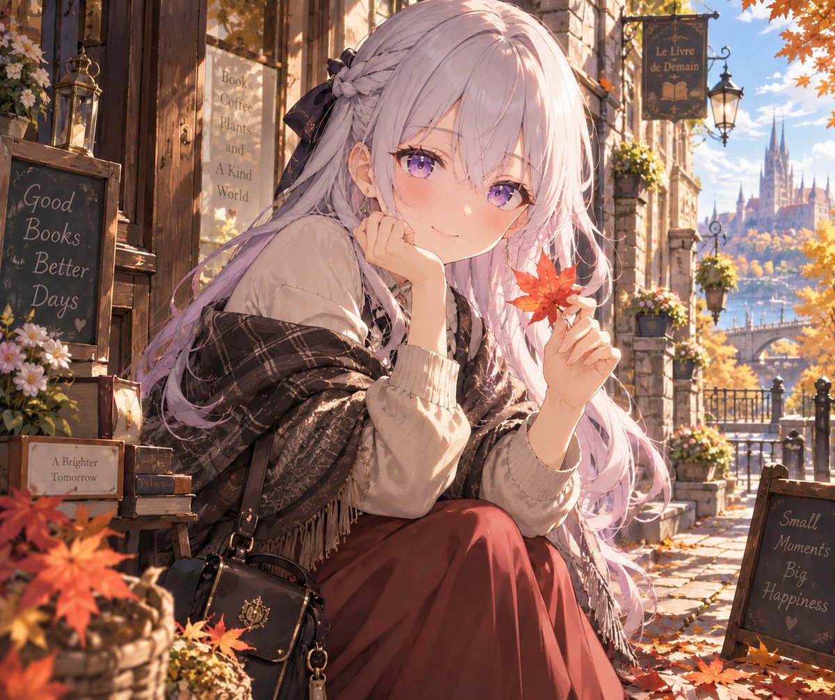 Rinel0831's tweet photo. I found a little piece of autumn today. 🍁
The air is getting cooler,
the streets are changing color,
and somehow, everything feels a little softer.
I think I could stay here for a while.
Especially if you’re beside me. ♡
#AIart #AIillustration #AnimeArt #AutumnArt https://t.co/JR1zYH9bbG