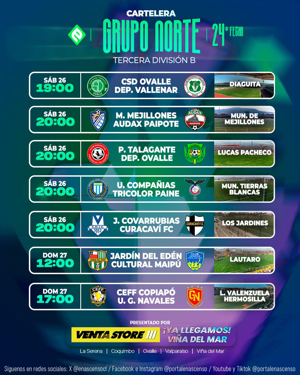 enascensocl's tweet photo. Te traemos la Cartelera de la Fecha 24 de la #TerceraB: Grupo Norte ⚔️ Presentado por 🚗🟡⚫ @ventastore_chile

Fin de semana de definiciones en el Grupo Norte de la Tercera B, donde podríamos ver una posible conoración de Provincial Talagante como el campeón de la zona, como también la permanencia de Tricolor de Paine en la categoría, jugándose la vida frente al DUC. Te dejamos los partidos que animarán esta nueva jornada.

➡️ CSD Ovalle vs. Deportes Vallenar
➡️ Municipal Mejillones vs. Audax Paipote
➡️ Provincial Talagante vs. Deportes Ovalle
➡️ Unión Compañías vs. Tricolor de Paine
➡️ Julio Covarrubias vs. Curacaví FC
➡️ Jardín del Edén vs. Cultural Maipú
📺️ Transmite: @erofreechannel 
➡️ CEFF Copiapó vs. Unión Glorias Navales
___

¡VENTASTORE 🟡⚫ ya está en Viña del Mar! 👏

Encuentra nuestra nueva sucursal de @ventastore_chile: 📍 14 norte 1084, Viña del Mar. Retiro en tienda disponible.