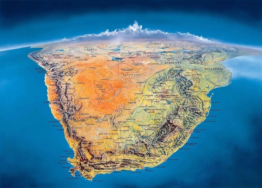 simongerman600's tweet photo. This hand-drawn topographic map of South Africa exaggerates mountains to highlight its geographical features. A gorgeous view of a beautiful country. Source: https://t.co/XuKDNk9TsK https://t.co/Mnm3HNVA6N