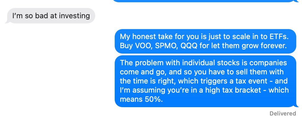 leonardleemoney's tweet photo. Message to a close friend about buying individual stocks vs ETFs. This is my general advice to anyone who is not deep into stock trading. Set it and forget it. https://t.co/JunnC1uOtr