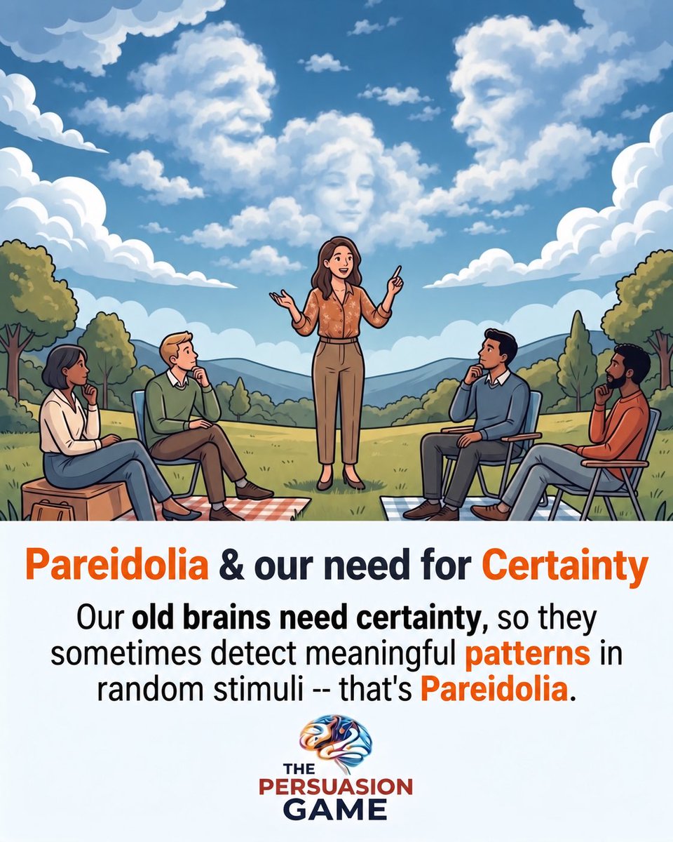 Persuasion_Game's tweet photo. People need certainty — about you, your message, and your intentions for you to have any chance of persuading them. #persuasion #pareidolia #certainty https://t.co/4vbBqrKCVY