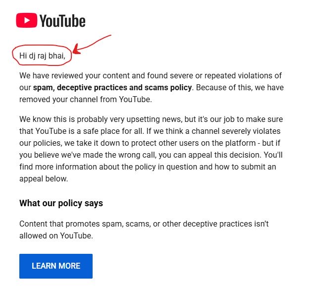 SalyNFT's tweet photo. @YouTube @TeamYouTube This is insane to me. My channel got terminated for spam out of nowhere, and the email was addressed to "dj raj bhai", a name I don't even know. I'm scared someone else got into my account. I really need my channel back 🙏 https://t.co/9zcw7uzkQi https://t.co/rMppYjLV92