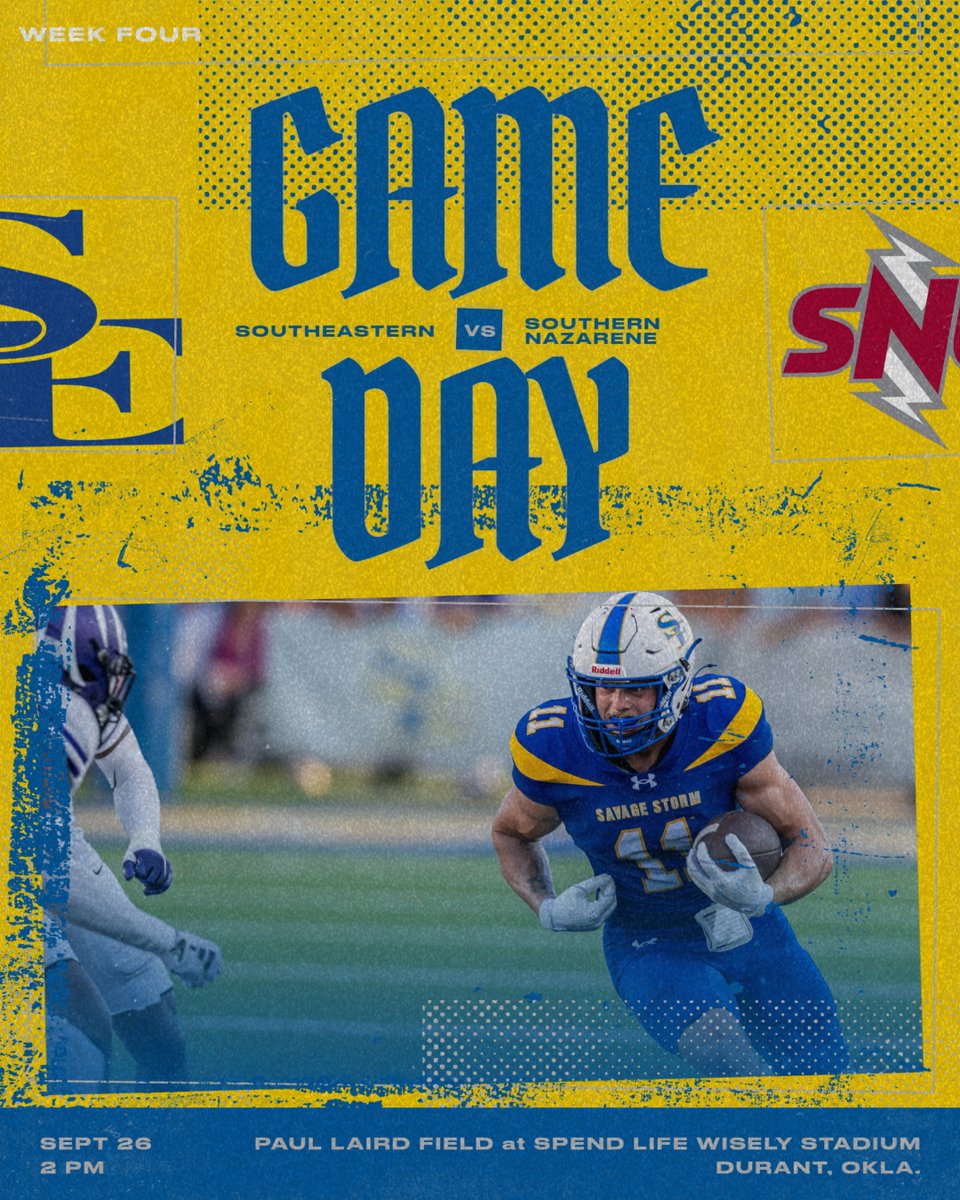 GoSoutheastern's tweet photo. It's GAME DAY!

🆚 Southern Nazarene
📍 Durant, Okla.
⌚ 2 PM
🏟️ Spend Life Wisely Stadium
🔗 https://t.co/MHf1vwYxdO

@SoutheasternFB | #GoSoutheastern
#TakerCover | #WinTheMoment https://t.co/Okez9UNtQq