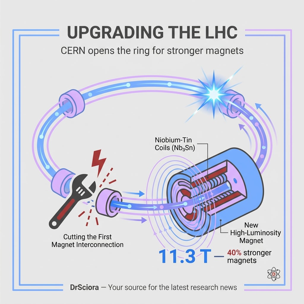 DrSciora's tweet photo. CERN just cut the first connection in the LHC 🔧 The HiLumi upgrade begins: 28 new superconducting magnets with niobium-tin coils hitting 11.3 tesla — ~40% stronger — to deliver more collisions than ever.

#Physics #CERN #LHC https://t.co/YwkbH0cHZd