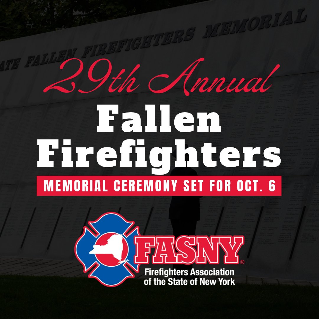 FASNY's tweet photo. On Oct. 6, 53 firefighters who gave their lives in the line of duty will be honored at the Empire State Plaza in Albany. The ceremony begins at 11 a.m. Details: https://t.co/Z4N1GR9wOY #NeverForget #FireService @NYSDHSES https://t.co/u05sVgrlHy
