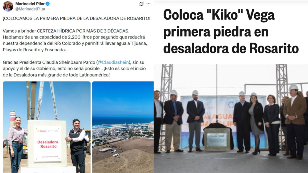 ArmandoNieblas's tweet photo. Ocho años después la gobernadora @MarinadelPilar colocó la SEGUNDA PIEDRA para la construcción de la planta desaladora en Playas de Rosarito.

Se trata del mismo proyecto contaminante impulsado por el exgobernador Francisco Vega de Lamadrid.

La diferencia es que ahora tenemos menos herramientas para saber quiénes son los particulares que se verán beneficiados (porque seguramente los hay) con esta obra.