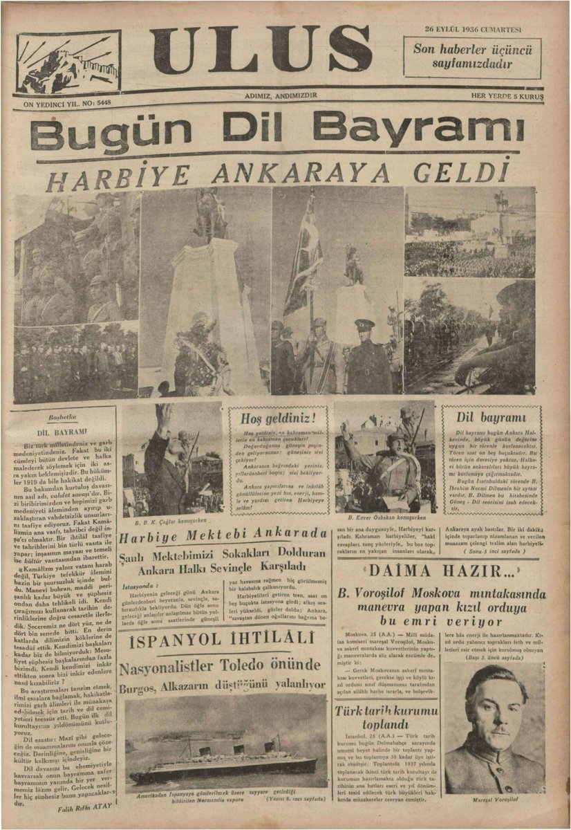 SMEYDAN's tweet photo. Dil Bayramı kutlu olsun!🇹🇷

26 Eylül 1932’de Dolmabahçe Sarayında, Türkçenin zenginliğinin araştırılması ve öz güzelliğinin ortaya çıkarılması için Cumhurbaşkanı Atatürk’ün katılımıyla Birinci Türk Dil Kurultayı toplandı. 

İlk Türk Dil Kurultayı'nın toplandığı 26 Eylül gününün her yıl “Dil Bayramı” olarak kutlanması teklif edildi. Bu teklifin oy birliğiyle kabul edilmesiyle her yıl “26 Eylül Dil Bayramı” olarak kutlanmaya başlandı.

Bkz. Dil Devrimini Anlamak👇 https://t.co/k6gwFlvUNb