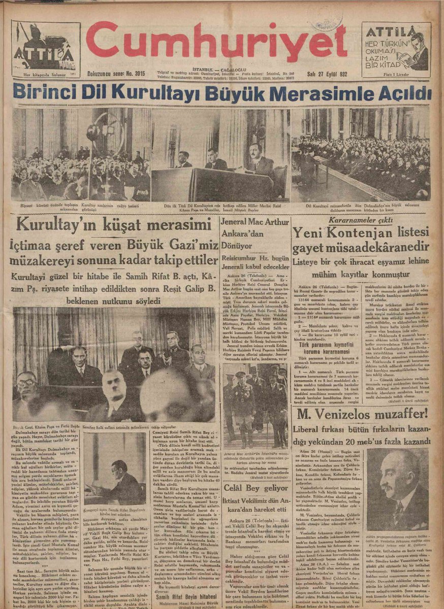 SMEYDAN's tweet photo. Dil Bayramı kutlu olsun!🇹🇷

26 Eylül 1932’de Dolmabahçe Sarayında, Türkçenin zenginliğinin araştırılması ve öz güzelliğinin ortaya çıkarılması için Cumhurbaşkanı Atatürk’ün katılımıyla Birinci Türk Dil Kurultayı toplandı. 

İlk Türk Dil Kurultayı'nın toplandığı 26 Eylül gününün her yıl “Dil Bayramı” olarak kutlanması teklif edildi. Bu teklifin oy birliğiyle kabul edilmesiyle her yıl “26 Eylül Dil Bayramı” olarak kutlanmaya başlandı.

Bkz. Dil Devrimini Anlamak👇 https://t.co/k6gwFlvUNb