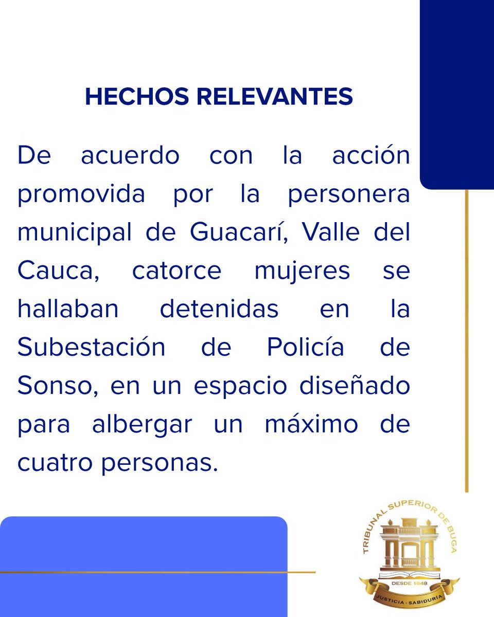 Trib_Sup_Buga's tweet photo. La Sala Penal amparó los derechos fundamentales a la dignidad humana, la vida, la integridad personal, la salud y la prohibición de tratos crueles, inhumanos o degradantes de catorce mujeres privadas de la libertad recluidas en la Subestación de Policía de Sonso, Guacarí. https://t.co/AirpnX8hcd