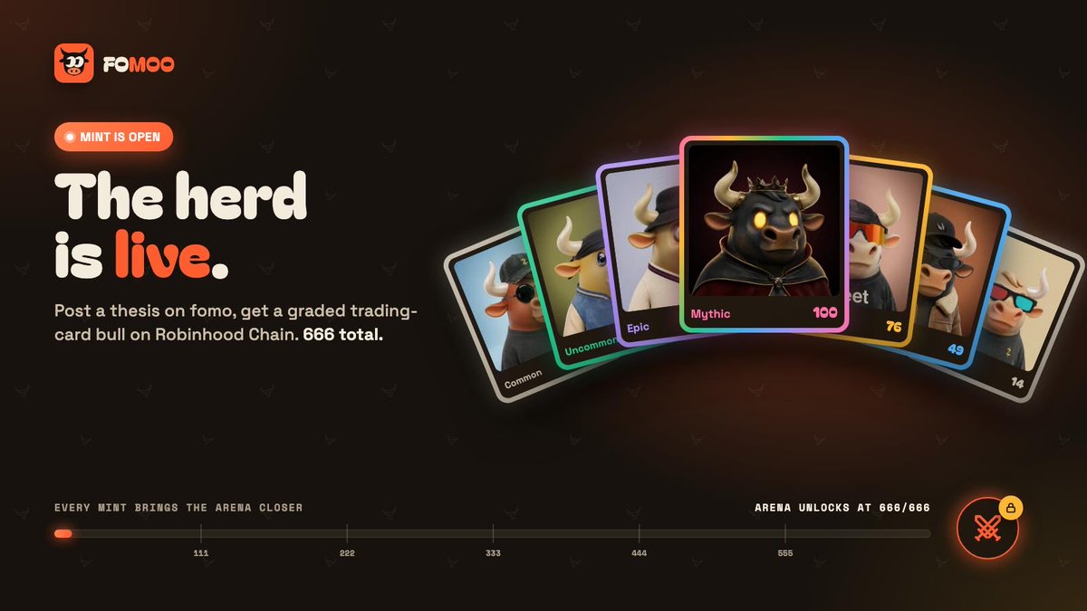 getFoMoo's tweet photo. Which one are you pulling? 

Common, Uncommon, Rare, Epic, Legendary - or one of 10 Mythics.

Mint is open. One post on fomo, one bull in your wallet. No button, no gas. https://t.co/Acb3gt4Bxi