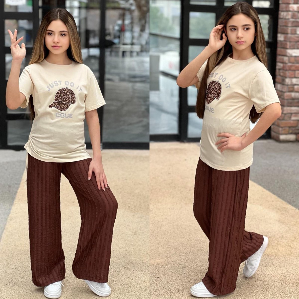 ShakiraCla23442's tweet photo. Neutral tones, maximum style. Beige graphic tee paired with textured wide-leg pants—the perfect everyday set. Available in sizes 5–14 years. DM or WhatsApp 78 868 280 to order. https://t.co/qMA5RD9hcW