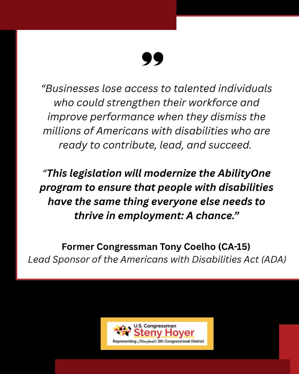RepStenyHoyer's tweet photo. The APIA has received endorsements from a coalition of over 50 organizations, unions, & advocacy groups. 

I look forward to partnering with stakeholders across the disability community to modernize AbilityOne and move this bill through Congress before the end of the year. Let's do this!