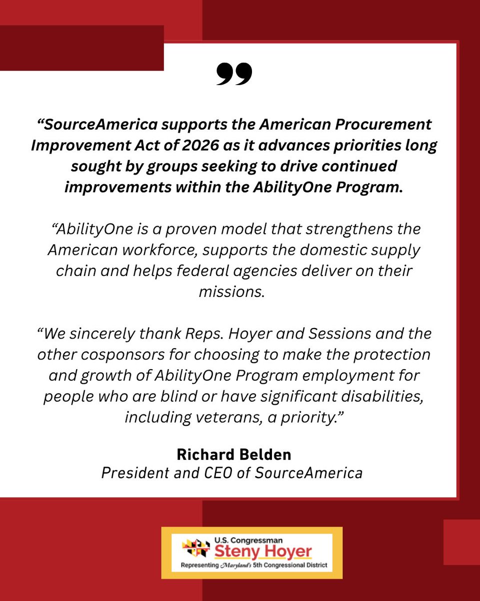 RepStenyHoyer's tweet photo. The APIA has received endorsements from a coalition of over 50 organizations, unions, & advocacy groups. 

I look forward to partnering with stakeholders across the disability community to modernize AbilityOne and move this bill through Congress before the end of the year. Let's do this!