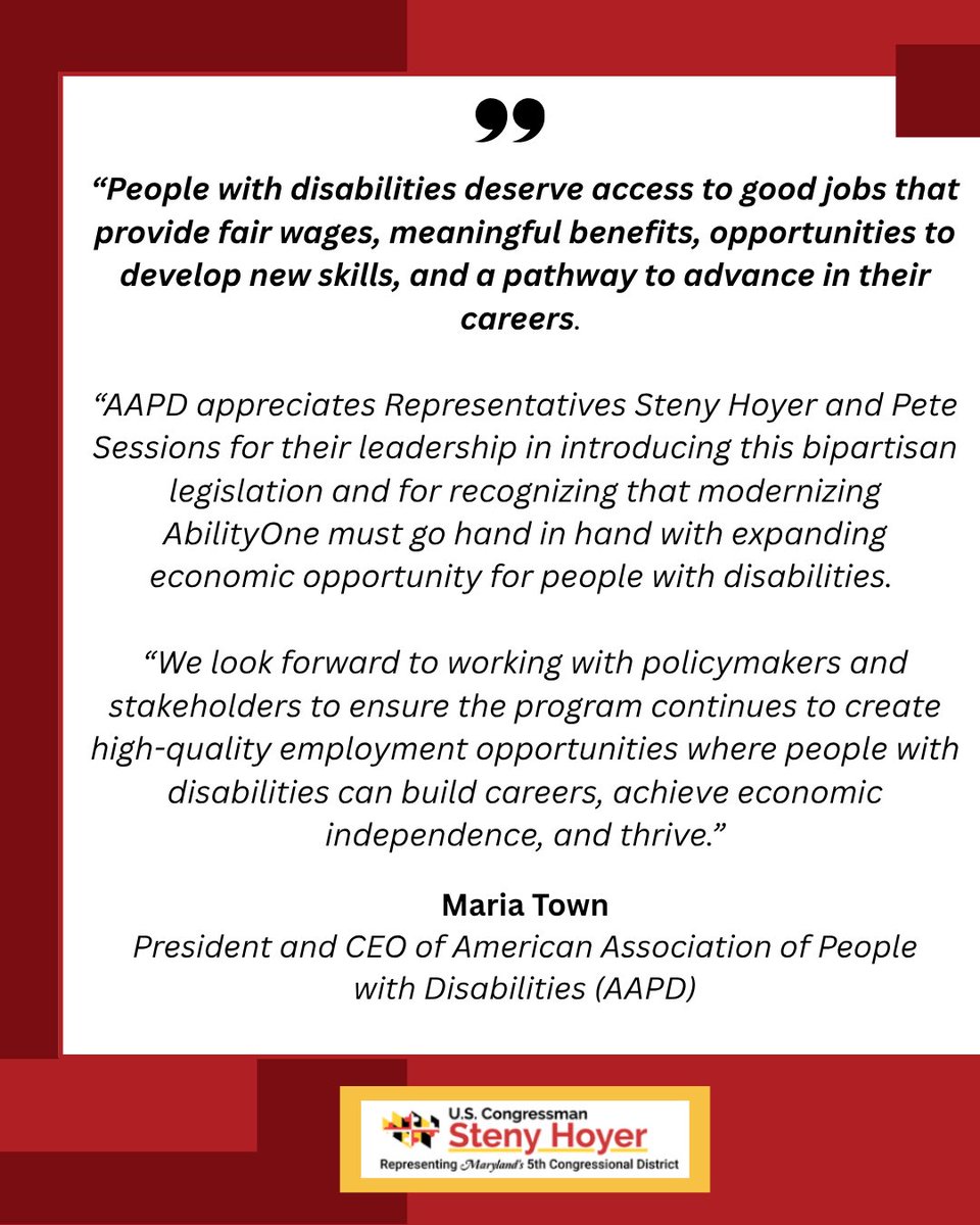 RepStenyHoyer's tweet photo. The APIA has received endorsements from a coalition of over 50 organizations, unions, & advocacy groups. 

I look forward to partnering with stakeholders across the disability community to modernize AbilityOne and move this bill through Congress before the end of the year. Let's do this!