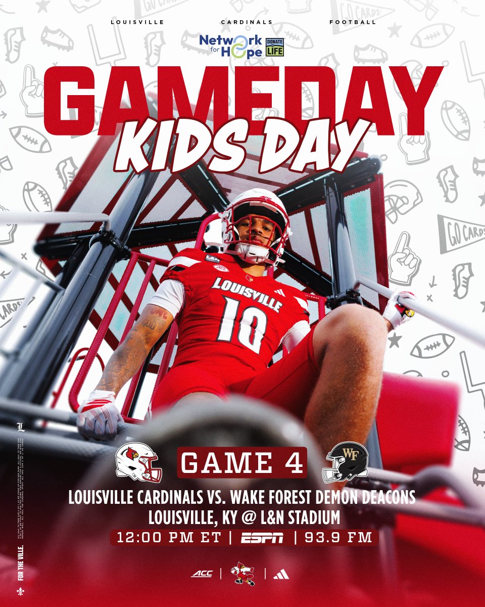 LouisvilleFB's tweet photo. Game Day. 

🆚 Wake Forest
🕛 Noon
📺 ESPN
💻 https://t.co/sSidqyAwJb
📻 https://t.co/Z7RA3WlpWJ

#GoCards https://t.co/sUWSe4X81o