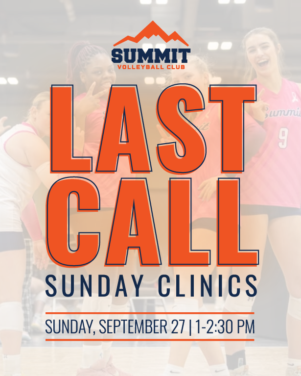 SummitVB_'s tweet photo. LAST CALL!

Our final Sunday Clinic is September 27! One more chance to get in the gym, get your reps and sharpen your skills.

Register Today: https://t.co/2YxU9TWFRZ https://t.co/CDzm2GSTAU
