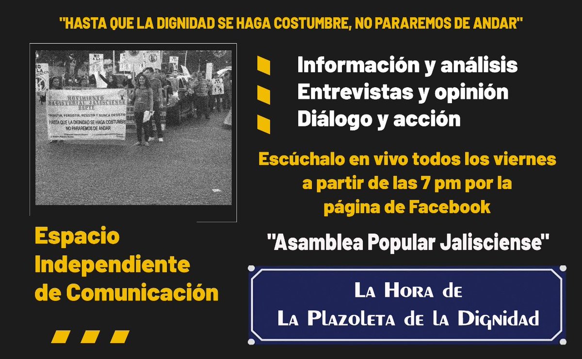 mmjdepye's tweet photo. "LA HORA DE LA PLAZOLETA DE LA DIGNIDAD"

Hoy a las 7:00 pm.

Platica con brigada "MARAVILLAS DE LA INFANCIA. CULTIVANDO SUEÑOS, de Cuba, en visita.

Y otros temas de interés.

En vivo x facebook "Asamblea Popular Jalisciense."

https://t.co/ye33piX3Ux

Participa, opina y difunde https://t.co/vLukUT6ses
