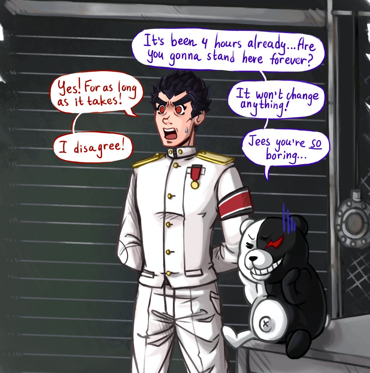 k_meanz_better's tweet photo. Taka's guarding all (as he thinks) dangerous weapons in the trash room for hours. And Monokuma is sad no one actually killing this guy
Shinri trial gives me so many ideas 😭
The link to the video is in the comments btw👇
#danganronpa #kiyotakaishimaru #monokuma https://t.co/Q2QwMpPXJS