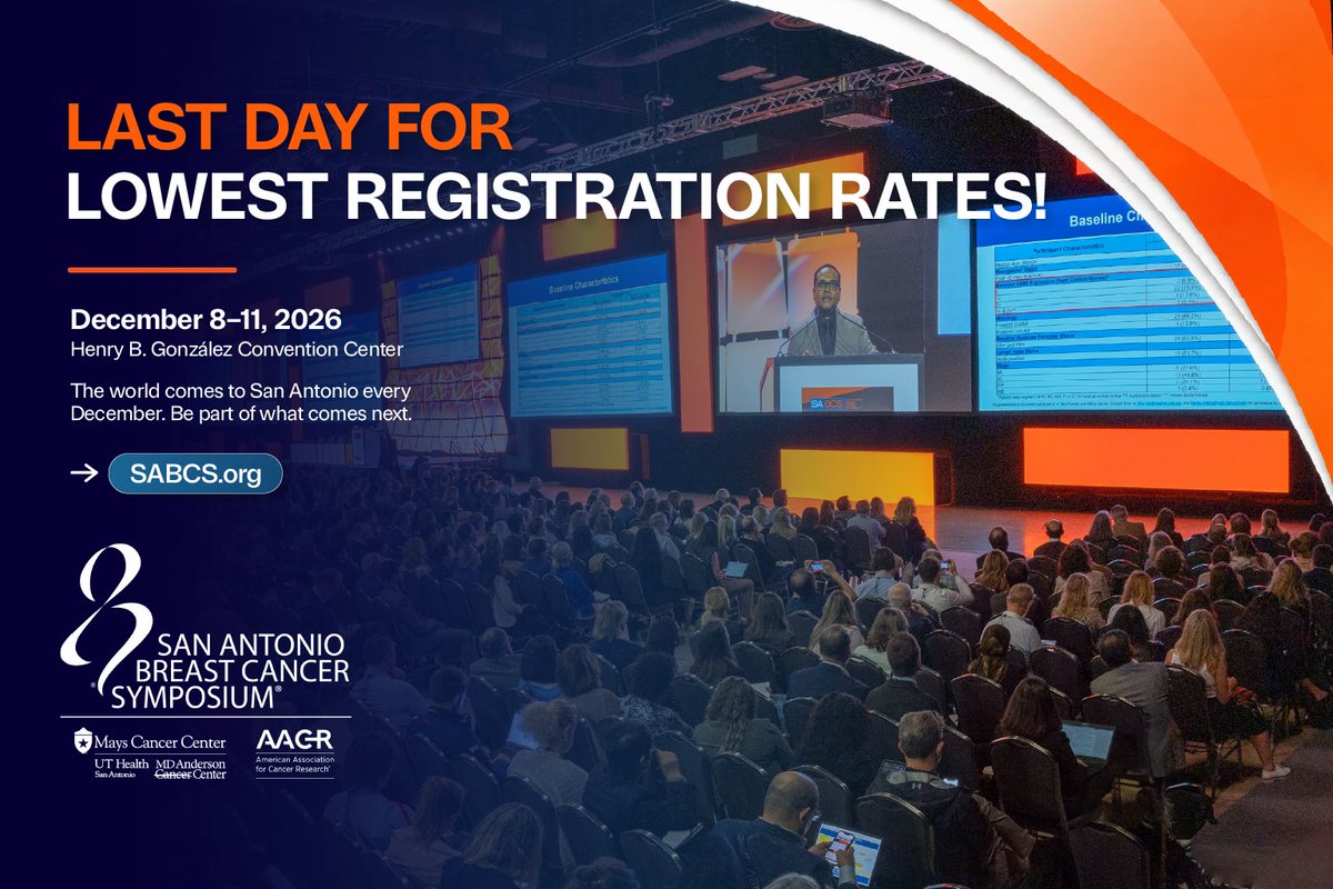 SABCSSanAntonio's tweet photo. Today is the last day to get the lowest registration rates for #SABCS26. Register now and join the global breast cancer community in San Antonio, Dec. 8–11. Visit https://t.co/198xE9nHRk to register. https://t.co/hf8VYxMvoH