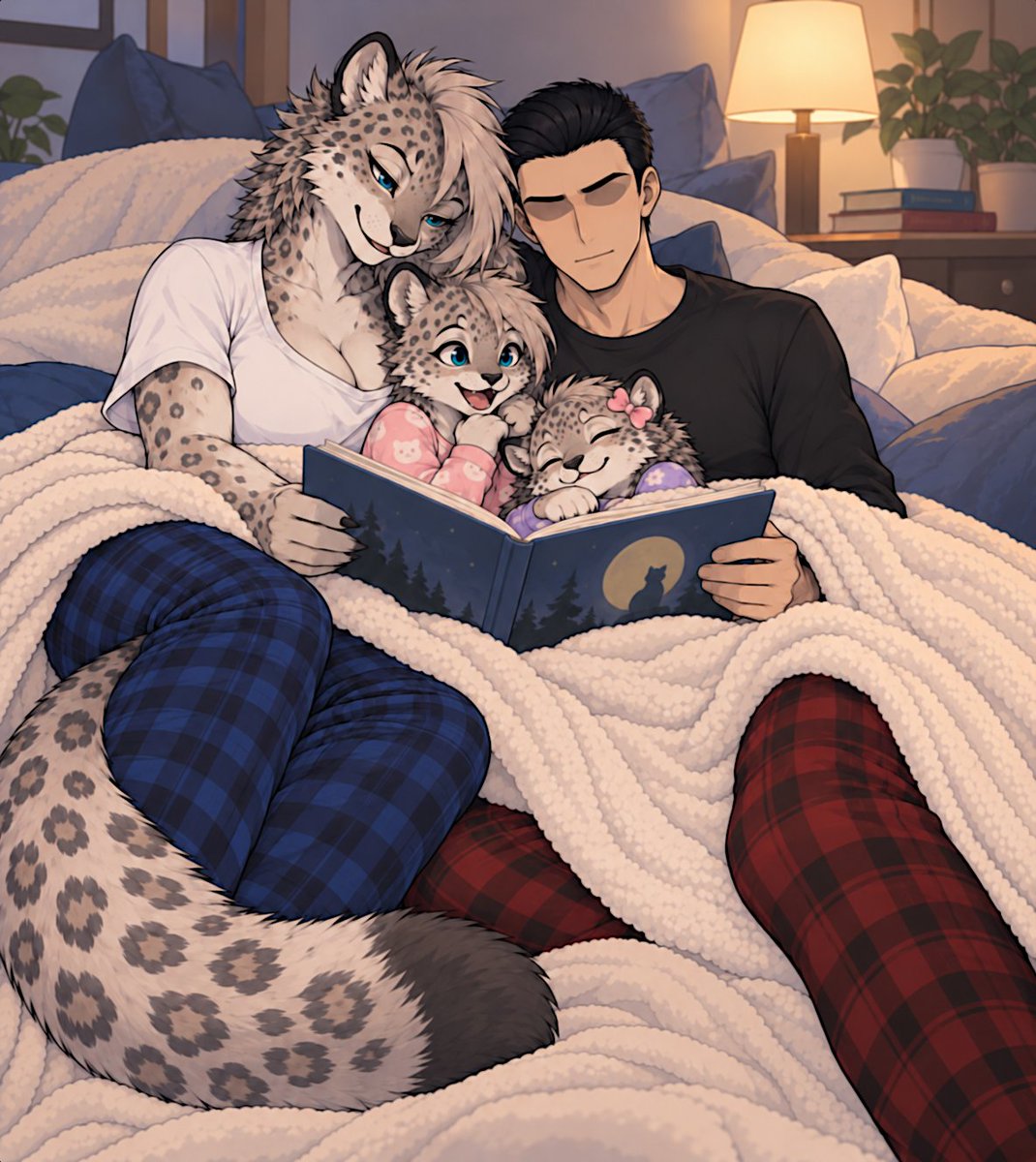 TryHarderer_'s tweet photo. Bedtime stories with your snow leopard wife and kids https://t.co/XRaRmZKbLk