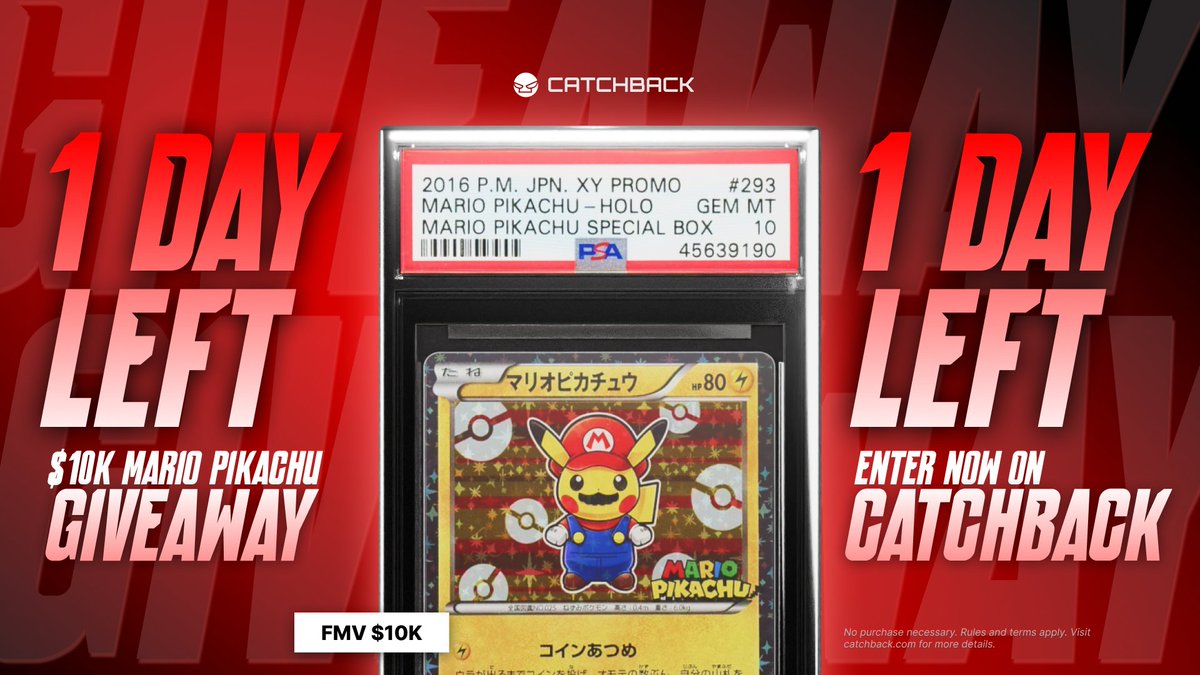 catchback_cards's tweet photo. ⌛️LAST CHANCE FOR THE PSA 10 $10K MARIO PIKACHU⌛️

Get your final entries locked in now👇
https://t.co/2xUi7myek9

Winner will be announced TONIGHT at 10PM PT.
Who's ready?🫢 https://t.co/rRAeTEWFJg