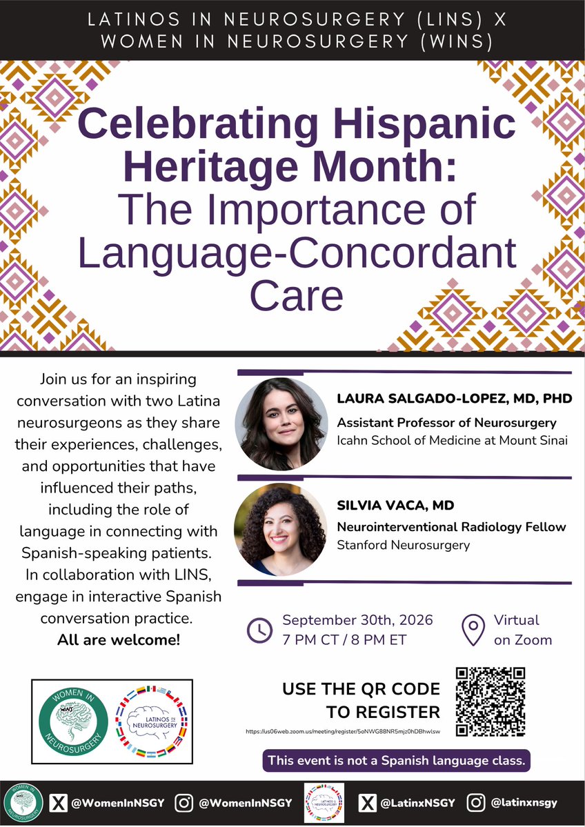 WomenInNSGY's tweet photo. Please join us for our collaborative event with Latinos in Neurosurgery, “Celebrating Hispanic Heritage Month: The Importance of Language-Concordant Care,” on Wed, Sept. 30 at 7 PM CT! The evening will also include interactive Spanish conversation practice with LINS. @LatinxNSGY https://t.co/MDihipRTjl
