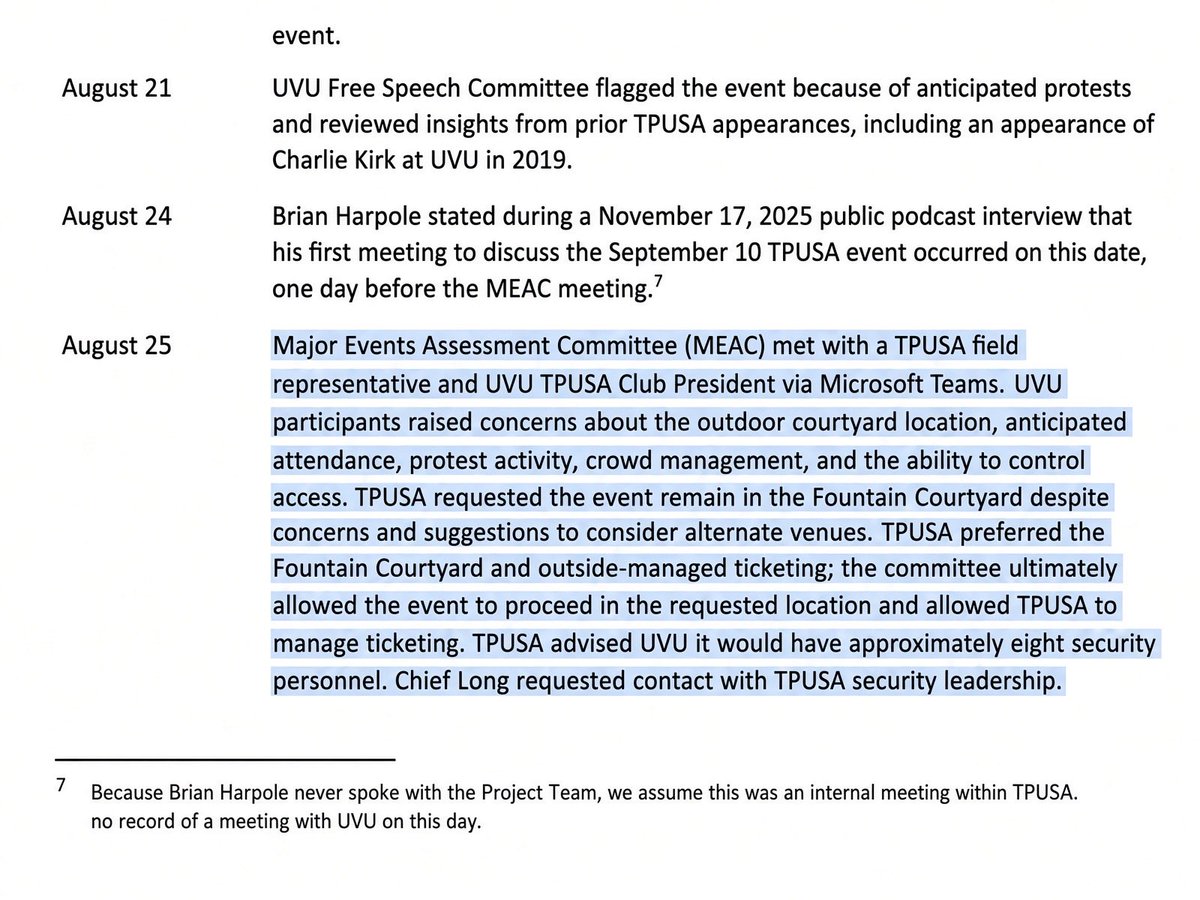 ConservativeKFC's tweet photo. Yep! Just so everybody knows. 

🔴UVU warned TPUSA that the courtyard location was not safe, but they insisted on it. 

🔴 TPUSA reported an estimated 600 attendees when there were thousands. TPUSA said they have 8 security personnel. 

🔴 TPUSA took it upon themselves to manage ticketing and did not report to UVU. 

🔴 Neither Brian Harpoole or Dan Flood would communicate to UVU project team or Chief Long.