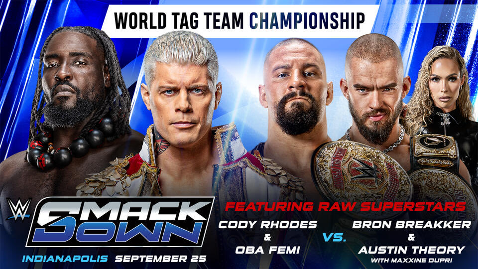 WrestleSeek's tweet photo. 🚨 Cody Rhodes &amp; Oba Femi vs. Bron Breakker &amp; Austin Theory for the World Tag Team Championship is advertised as a dark match for #SmackDown tonight.

(via Gainbridge Fieldhouse) https://t.co/uWjvlD4W0h