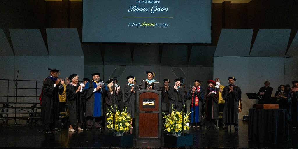 UWM's tweet photo. A new chapter begins at #UWM. Today, we proudly celebrated and welcomed Thomas Gibson as UWM’s 10th chancellor! #PantherProud https://t.co/Qn1qTh4zD0
