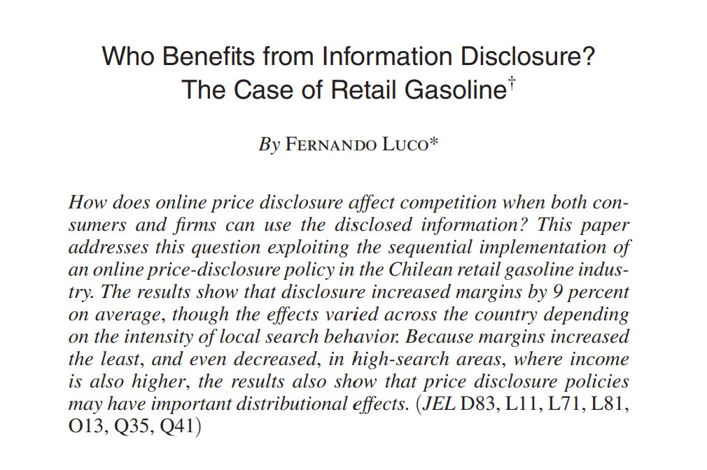 captgouda24's tweet photo. Chile required all gas stations to put their prices on the internet. The result? Margins went up 9%. Never forget that buyers are not the only people interested in what prices are! 1/ https://t.co/t5p0EEgUEe