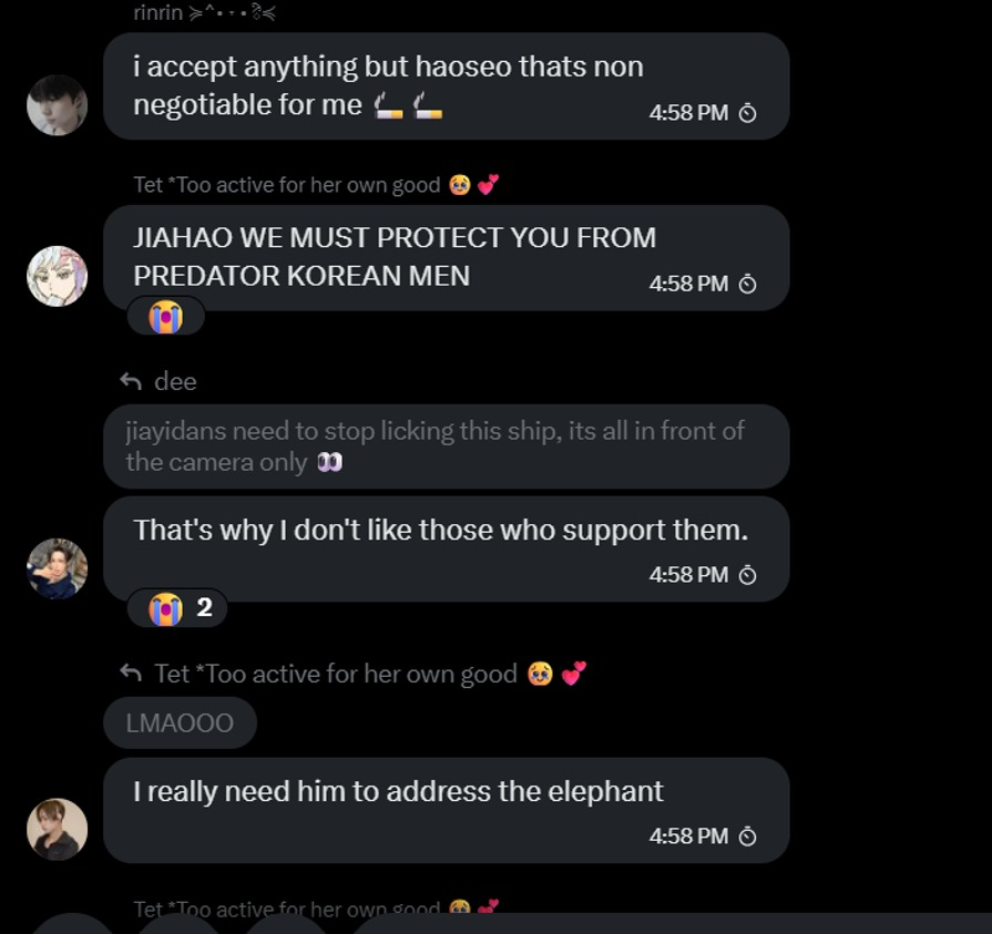 Ranllyz's tweet photo. In the screenshots below, the members of the group are talking about how JS is forcing himself on JH. To the point, JS was called a “predator” and that he was “taking advantage” of JH. Accounts involved: 

@jiahaokitty_
@kaiwenontop
@baekhyun_light5
@haohaohao7777
@Tetchansandesu https://t.co/HbVMonpaVl