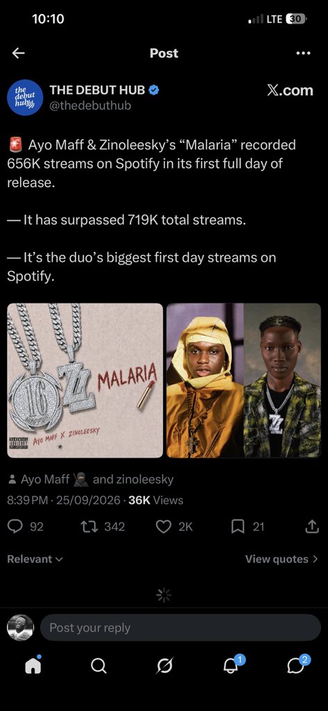 Olamide213580's tweet photo. Malaria on SPOTIFY (700k+ streams) 
Malaria on AUDIOMACk (700k+ streams)

@AyoMaff x @zinoleesky01 
Don’t stop streaming guys 

Better Music 🔥 https://t.co/6nMhIB7ZL3