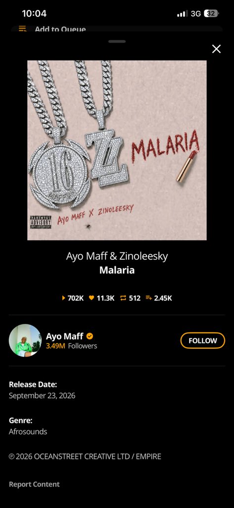 Olamide213580's tweet photo. Malaria on SPOTIFY (700k+ streams) 
Malaria on AUDIOMACk (700k+ streams)

@AyoMaff x @zinoleesky01 
Don’t stop streaming guys 

Better Music 🔥 https://t.co/6nMhIB7ZL3