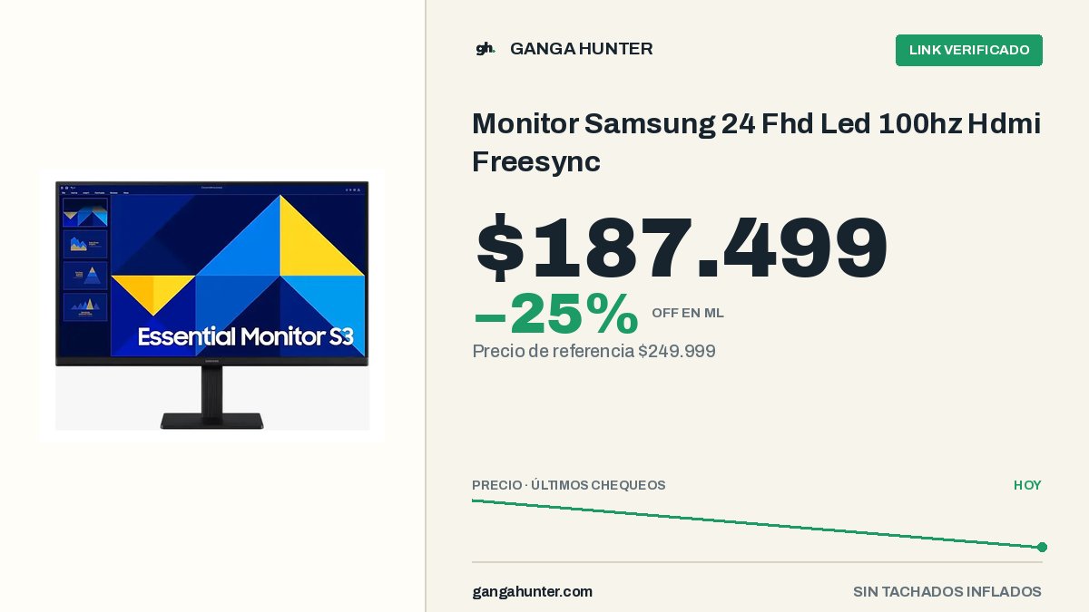GangaHunterAR's tweet photo. 💸 Monitor Samsung 24 Fhd Led 100hz Hdmi Freesync a $187.499
$62.500 menos: -25% ($249.999 → $187.499).
👉 Comprar en ML: https://t.co/LIL1AUa0bh
🔎 Buscarlo en el radar: https://t.co/7I1tRH52lE https://t.co/JPamhUubFB
