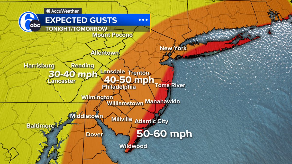 Brittany_Boyer's tweet photo. WINDS RAMP UP
A high wind warning has been issued for the coast with gusts up to 60mph.  For the I-95 corridor and much of interior New Jersey gusts could reach 50mph.  Watch for downed tree branches; especially when driving at night. https://t.co/1ygDDlBsaU