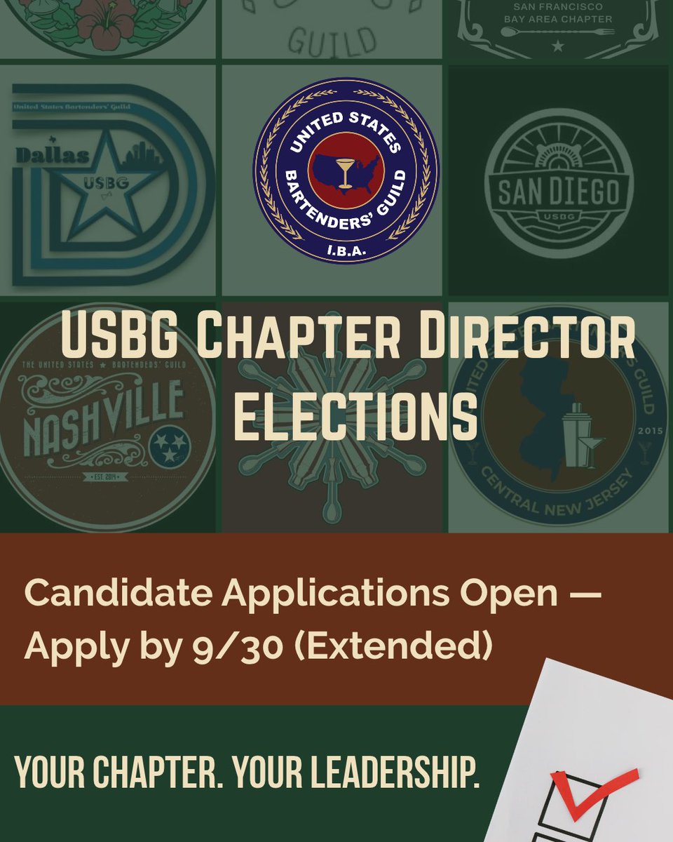 TheUSBG's tweet photo. Thinking about stepping up as a Chapter Director? Applications have been extended — you now have until September 30th to apply!

📅 Apply by September 30th  
🔗 Apply HERE: https://t.co/3Qpo3GcNNo

#usbg #bartenders https://t.co/2wpfFUBzNS