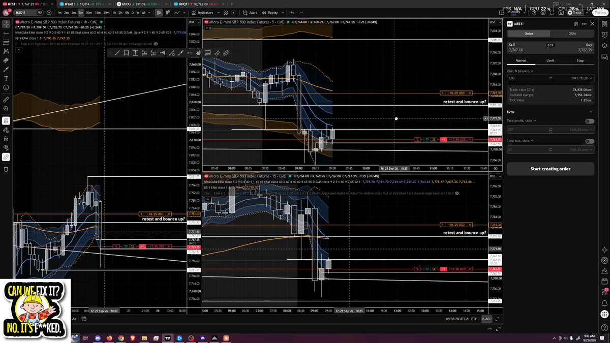 morty_trades's tweet photo. 9:33. The short, one contract, and the moment I decided to flip it: "That'll be my second loss. One last shot." Thirty seconds later I closed it by accident instead of reversing it. https://t.co/4d1r5v6NgS