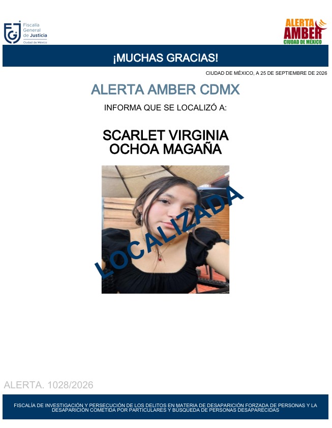 AAmberCDMX's tweet photo. Fue localizada la menor de edad, Scarlet Virginia Ochoa Magaña. Agradecemos a la ciudadanía, medios de comunicación e instituciones. Se desactiva #AlertaAmber https://t.co/6messVfSpe