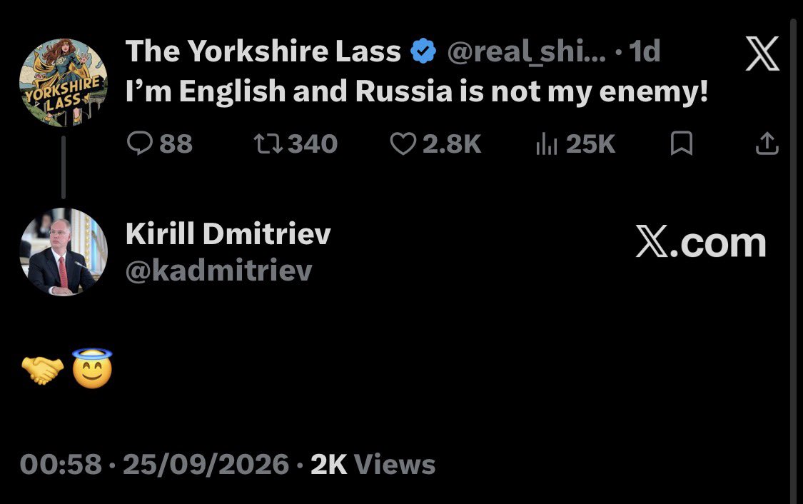 real_shirelass's tweet photo. When you have Putin’s close friend and special envoy Kirill Dmiitriev who follows you on X and replies to your posts, I’m actually really honoured. 

WWG1WGA @kadmitriev https://t.co/zmliP58OEg