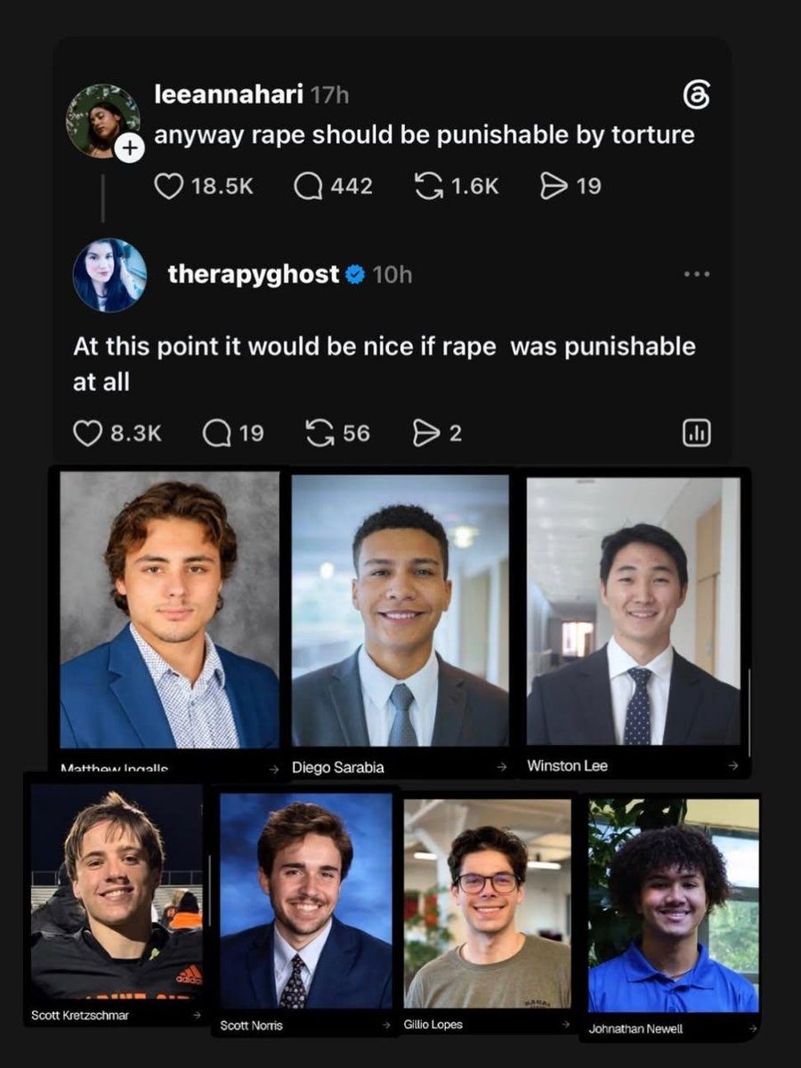 tormentoscuro's tweet photo. Matthew Ingalls
Jonathan Newell
Winston Lee
Gillio Lopes
Diego Sarabia
Scott Norris
Scott Kretzschmar 

A pack of unhireable, dangerous-to-women manchildren and an essay doesn't cut it, @Cornell https://t.co/4IQVDqJeBZ
