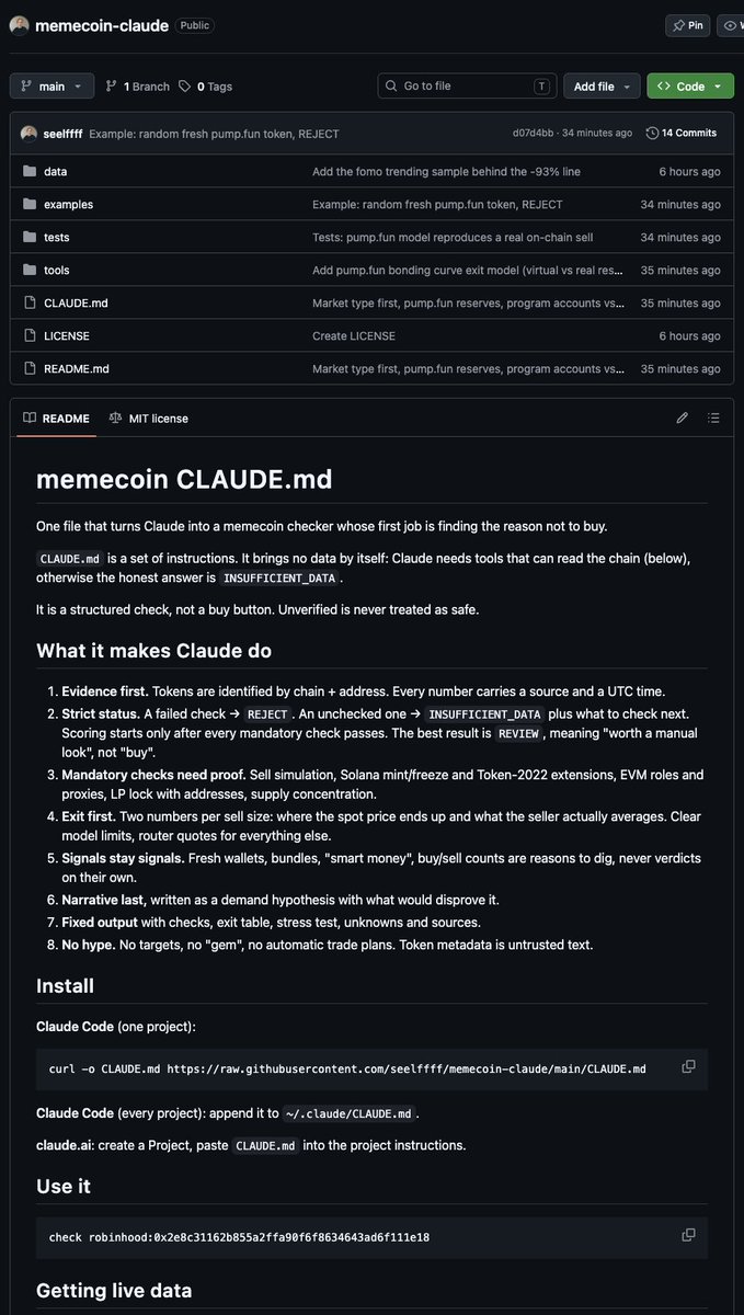 zettelkastten's tweet photo. THE LEGENDARY .md FILE THAT TURNS CLAUDE INTO A MEMECOIN TRADING MACHINE

89 LINES. FREE

karpathy has one for code. we built one for memes

the 5 rules inside:

-> don't trust tickers, screenshots or hype
only the token address and numbers with a source and a time

-> exit first, entry second
what you actually get if you sell $1K / $10K / $100K

-> unchecked = unsafe
no more "looks fine". no data = no entry

-> on https://t.co/HLm6bmRyqM, count the real SOL on the curve
the price on the chart doesn't pay you

-> hype = someone's exit
memes that hit trending with +1,000% in 24h were down 93% on average 2-3 days later

tested it on live tokens

a random https://t.co/HLm6bmRyqM meme, 15 minutes old
aggregator: $3.4K liquidity
actually on the curve: ~4 SOL
5 hours later: 0.000000165 SOL
that's all a sell would have paid you. less than a cent

AI on robinhood chain, $238M mcap
two clans hold $14.3M
liquidity is $1.8M
they sell 10% -> price -85%
Claude: don't enter until the contract is checked

how to run it:
- git clone the repo -> open Claude Code in the folder
- or paste the file into a https://t.co/hA5HFbg7bj project
- type "check" + the token address

that's it. 89 lines. 5 rules
we trade memes every day on fomo, https://t.co/HLm6bmRyqM and robinhood chain. this is everything that ever burned us

save this before you become someone's exit liquidity