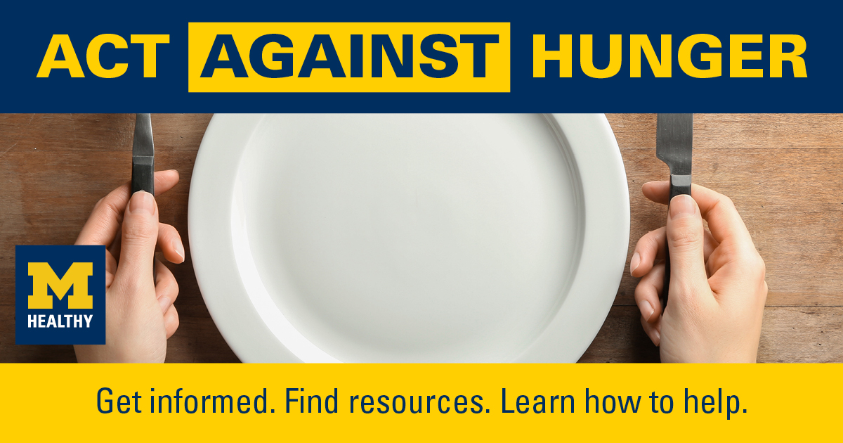 UMMHealthy's tweet photo. It's Hunger Action Month! In support, look for donation bins in U-M units and departments across all three campuses and Michigan Medicine supporting campus food and basic-needs programs like the Maize and Blue Cupboard: https://t.co/bawwiqYAT4 https://t.co/DKOKf7y09B