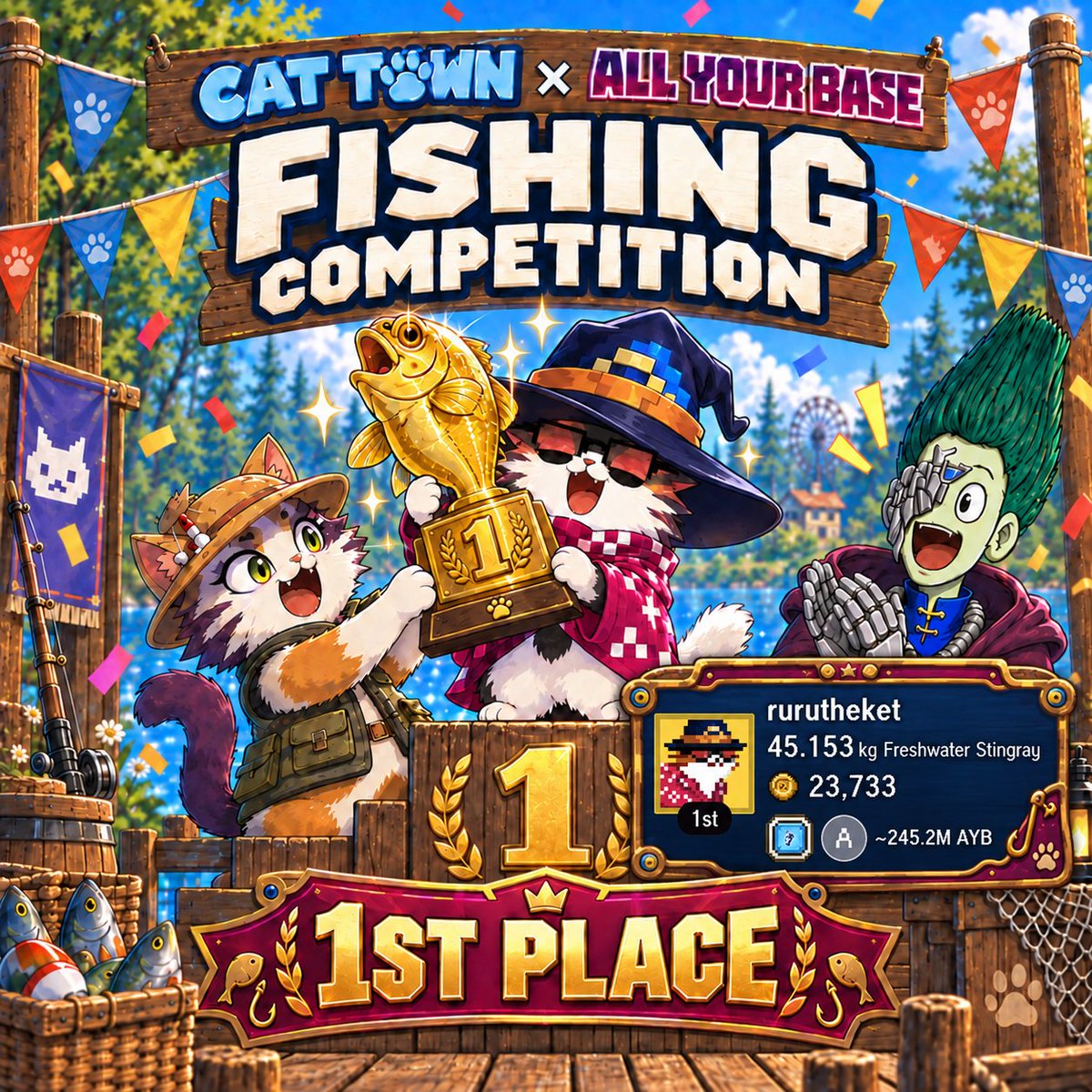 CatTownBase's tweet photo. The Cat Town × @AllYourBase_AYB fishing competition is a wrap! 🎣🏁

Huge congrats to all of our winners, and a special shoutout to our top fisher rurutheket.base.eth for taking the crown 👑🐟

Thank you to All Your Base for sponsoring! 💙 Cosmetic NFTs and the AYB prize drop will be heading to winners' wallets soon.

GG fisher cats, see you on the dock next time! 🐾